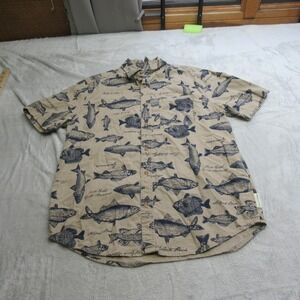 Field & Stream Shirt Mens Medium Fish Print Short Sleeve Button Linen Rugged